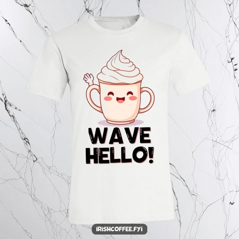 Funny t-shirt with a jubilant whipped cream character on a mug, cheerfully waving hello with a joyful expression.