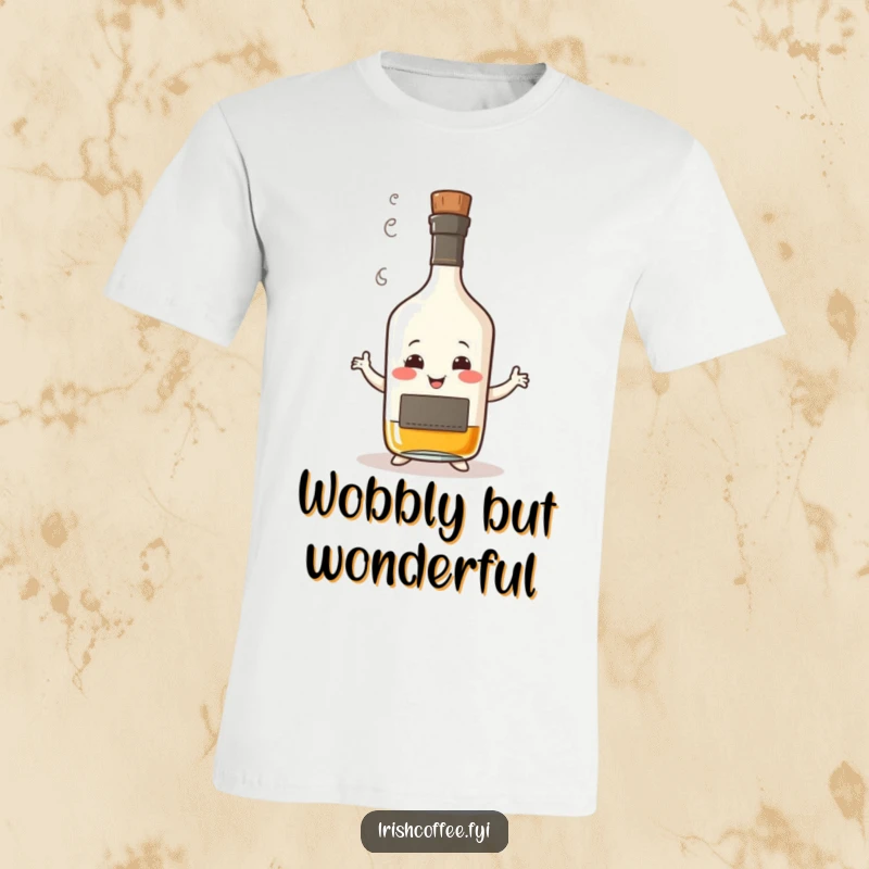 Funny t-shirt graphic of a smiling whisky bottle with steam, caught mid-wobbly dance, radiating humorous spirit and good times.