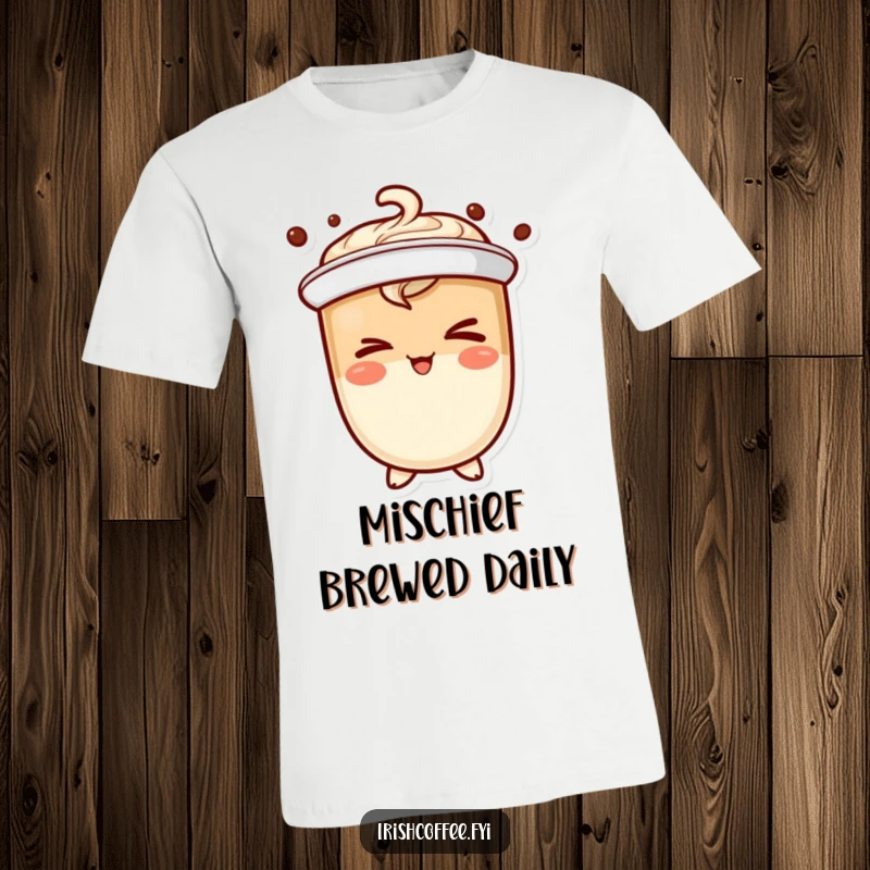 Funny coffee character t-shirt winking mischievously, ideal for humorous and playful apparel.