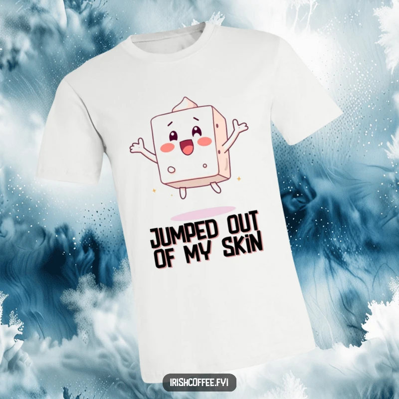 Funny t-shirt featuring a surprised sugar cube character leaping in surprise, ideal for a humorous and energetic statement.