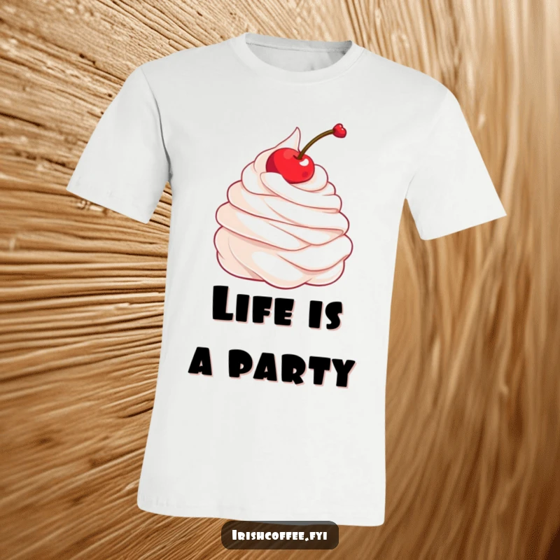 Funny t-shirt featuring a cute whipped cream cloud and a cherry performing a graceful twirl, exuding pure joy.