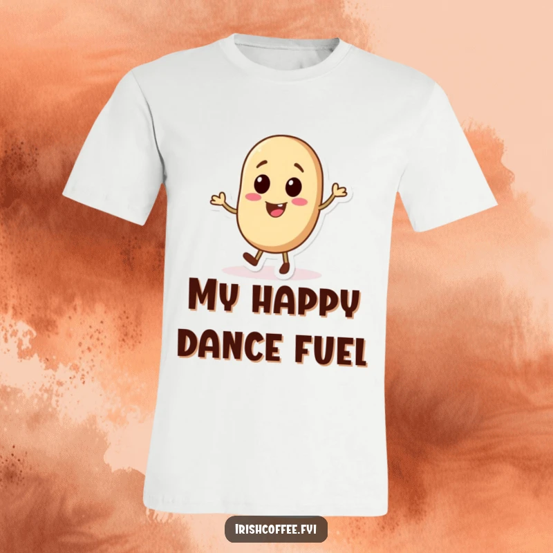Funny T-shirt with a cheerful coffee bean character in mid-tap dance, perfect for expressing a love for coffee and movement.