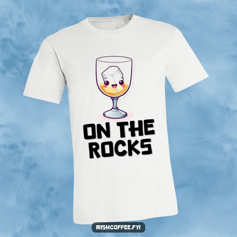 Funny whiskey glass with an ice cube hilariously skiing down a slope on a t-shirt, capturing pure comedic energy.