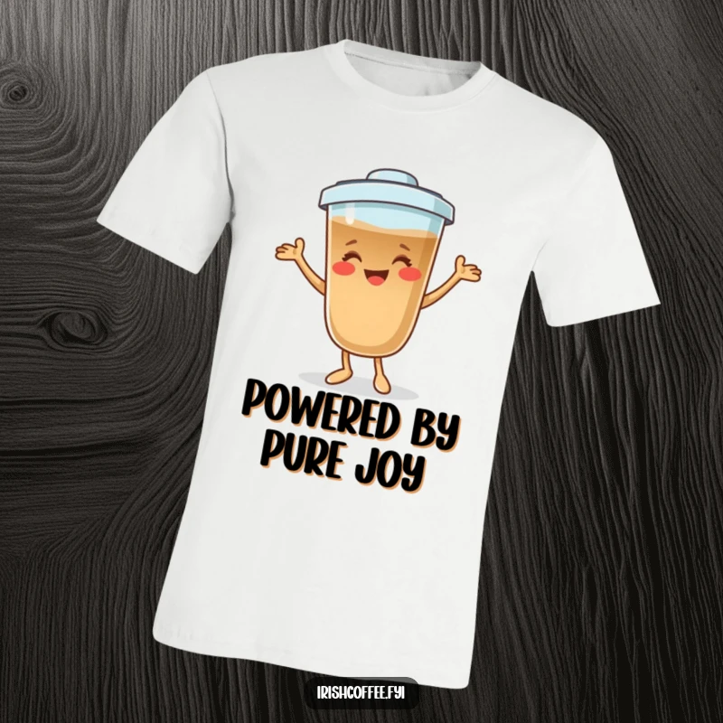 Funny coffee character t-shirt smiling and performing a playful dance, ideal for humorous and energetic apparel.