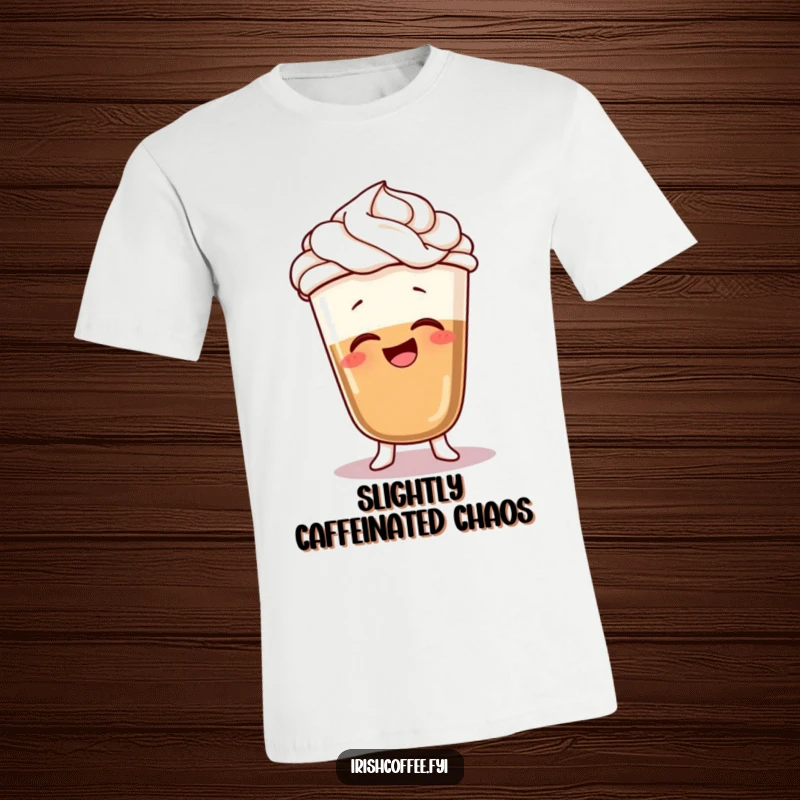 Funny t-shirt featuring a giggling coffee character with whipped cream hair, caught in a silly wobble, expressing lighthearted fun.
