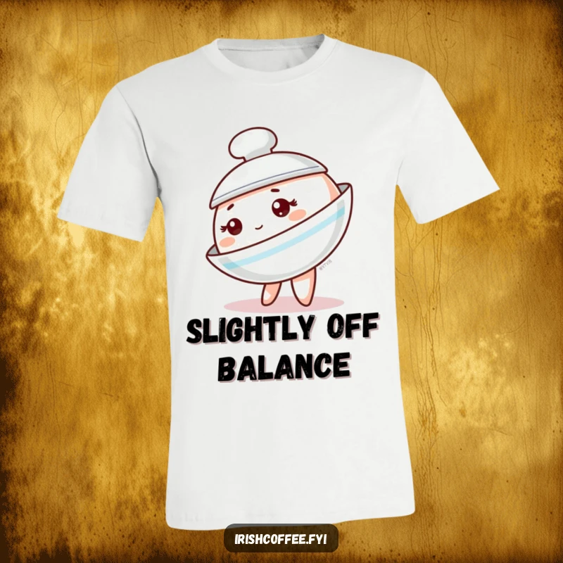 Funny saucer t-shirt with a charming tableware character tipping sideways, conveying a sense of playful imbalance and fun.