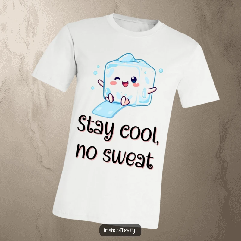 Funny t-shirt illustrating a delighted ice cube character in mid-slide, exuding a cool and refreshing attitude.