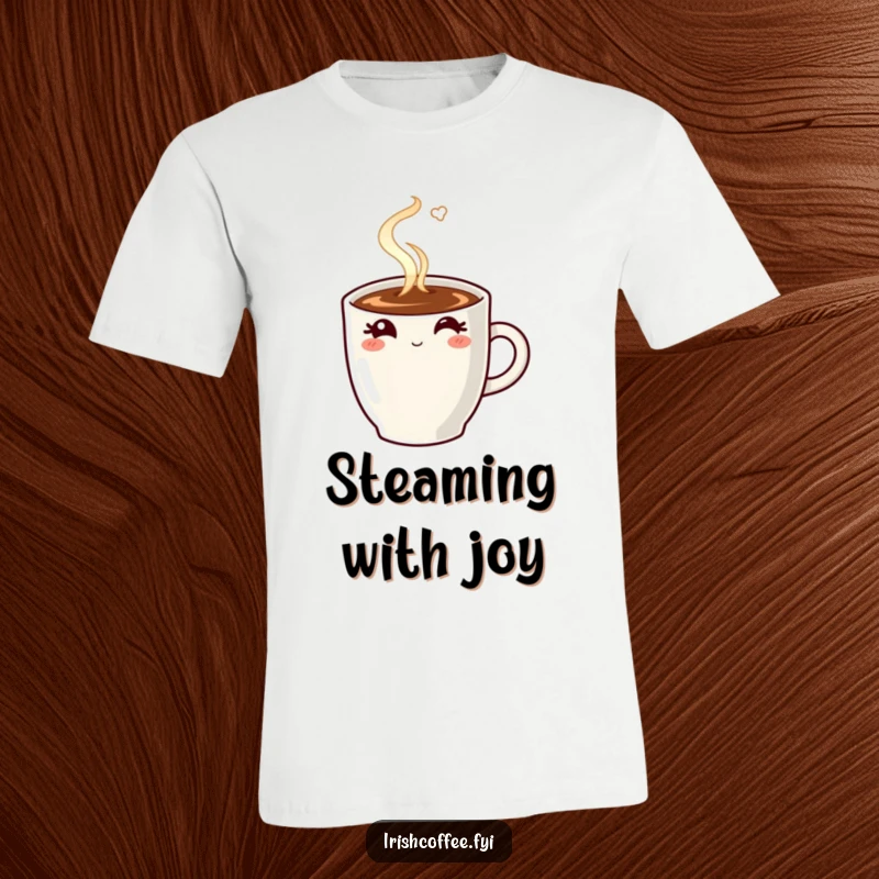 Funny t-shirt featuring a steaming coffee mug winking, a humorous apparel choice for coffee enthusiasts.