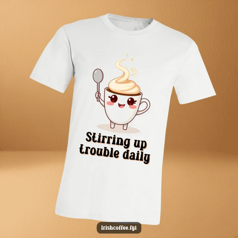 Funny t-shirt with a smiling coffee cup character waving a spoon, steam swirling, a delightful humorous design.