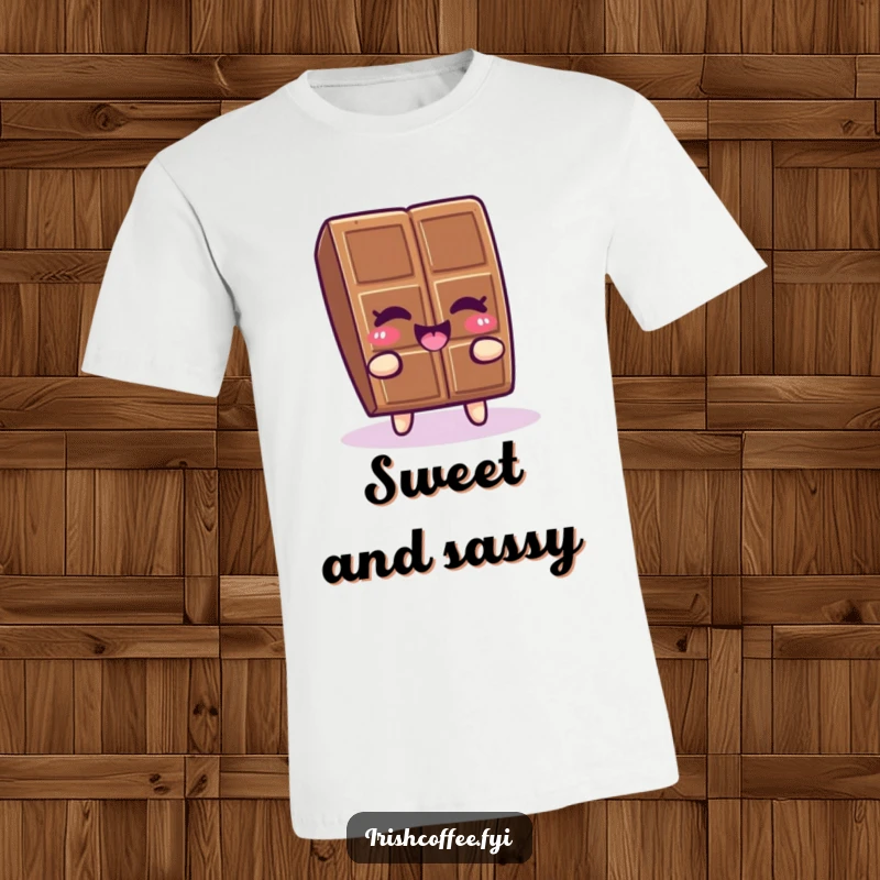 Funny chocolate character winking and wiggling happily on a t-shirt, radiating playful indulgence and humor.