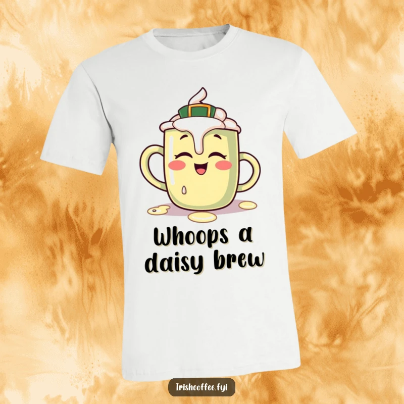 Funny T-shirt showcasing a giggling Irish coffee mug character in the process of spilling a bit of cream, a symbol of fun.
