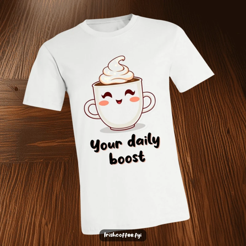 Funny t-shirt with a steaming coffee cup character giving a playful wink and topped with cream, a stylish caffeine statement.
