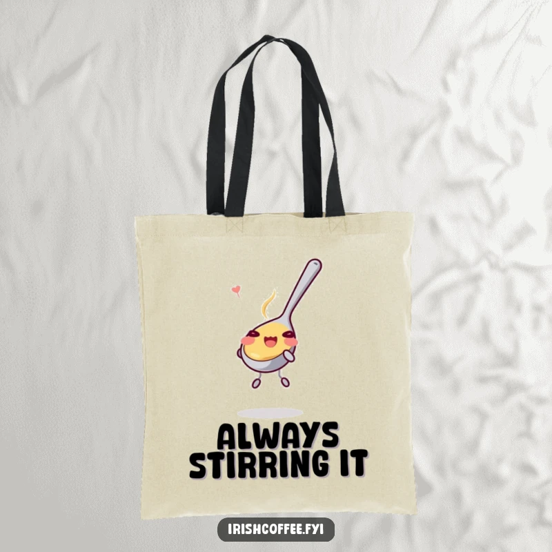 Funny Tote Bag: A smiling teaspoon energetically stirring, exuding playfulness and charm. Perfect for shopping or carrying daily necessities with humor.