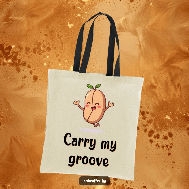 Funny tote bag featuring a coffee bean character doing an energetic little dance, a vibrant and humorous accessory.
