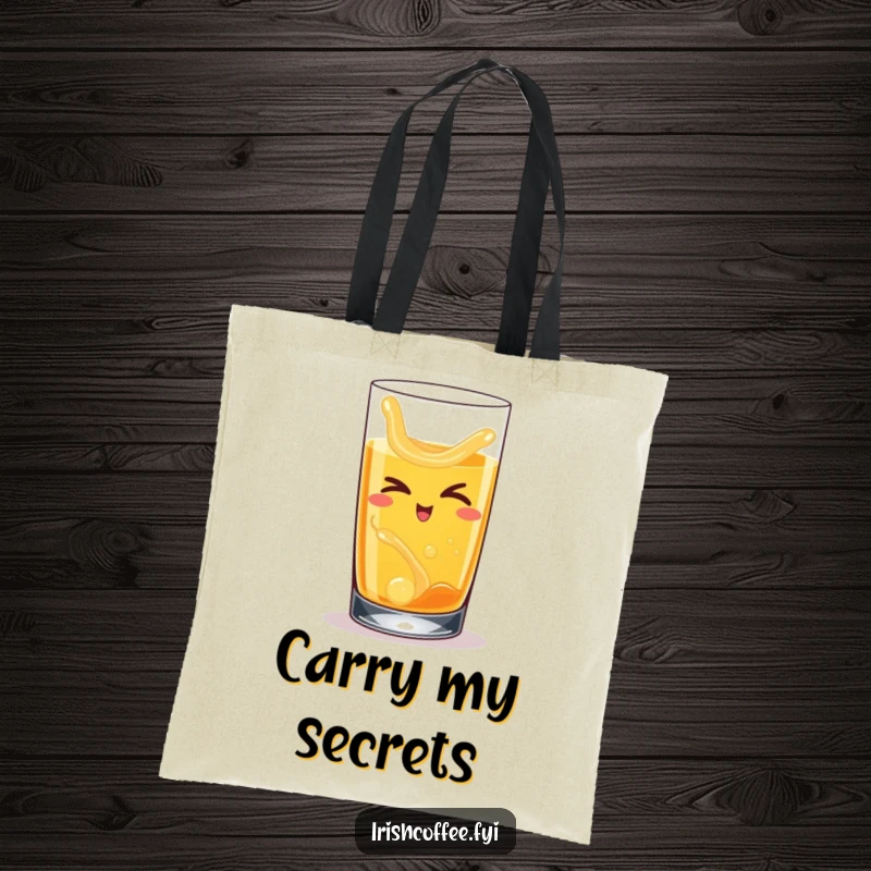 Funny tote bag displaying a happy whiskey glass with swirling liquid, slyly winking, great for carrying essentials.