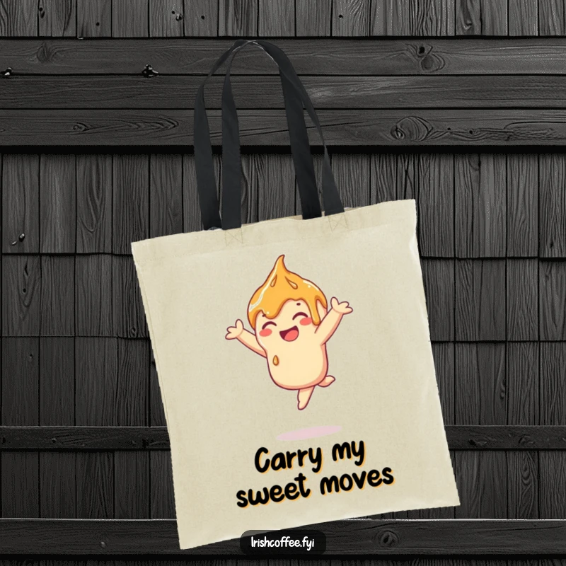Funny caramel drizzle tote bag showing a happy drizzle doing a playful leap, a humorous and sweet accessory.