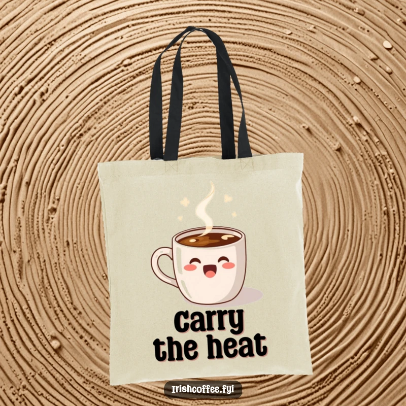 Funny Tote Bag with a delighted coffee mug and its steam doing a happy dance, perfect for carrying essentials with joy.