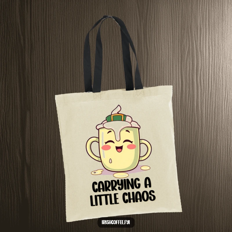 Funny tote bag featuring a giggling Irish coffee mug character spilling a bit of cream, ideal for humorous, everyday use.