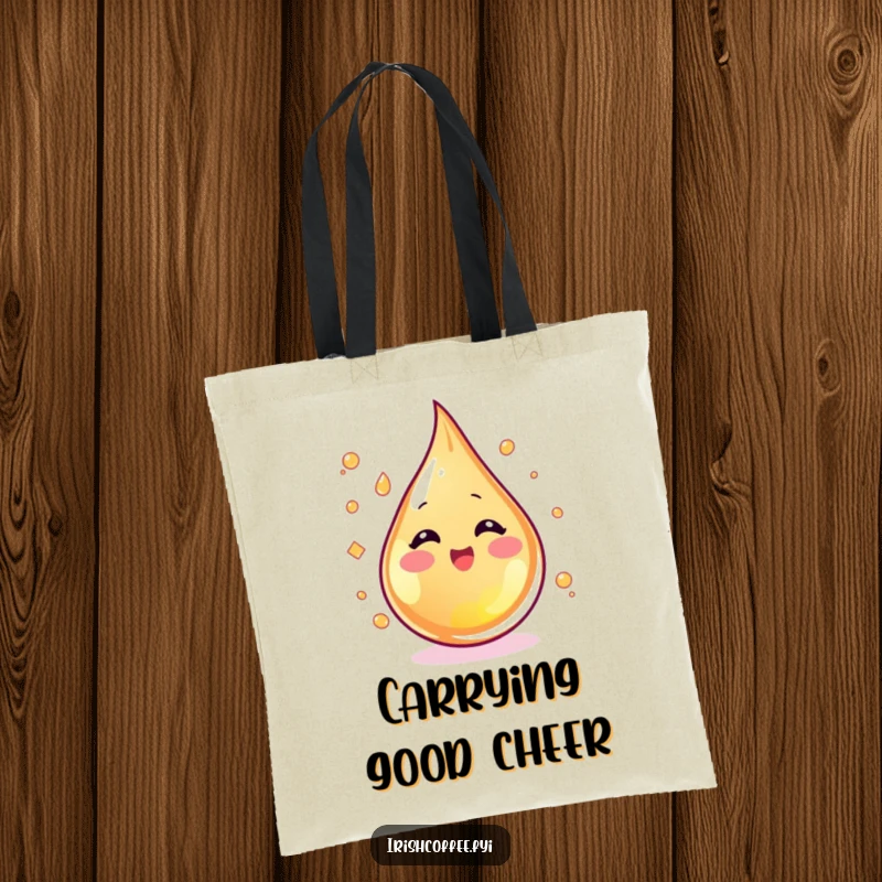 Funny blushing whiskey droplet swirling with excitement on a tote bag, a spirited and humorous accessory.