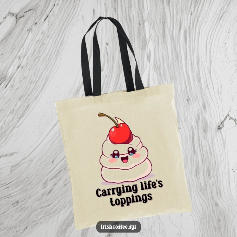 Funny tote bag illustrated with a happy whipped cream dollop with wide eyes, comically attempting to balance a cherry, perfect for carrying essentials with sweet humor.