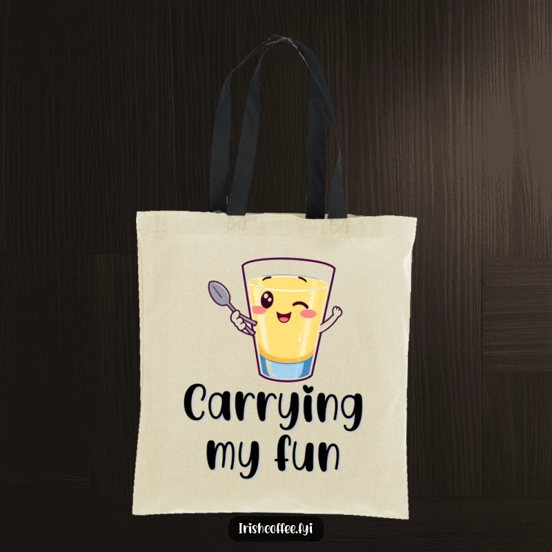 Funny tote bag illustration of a giggling shot glass character winking while holding a tiny spoon, perfect for carrying party essentials.