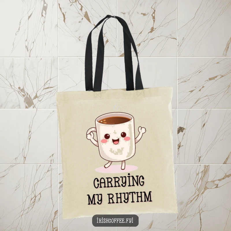 Funny tote bag showcasing a cheerful coffee mug character doing a happy dance, perfect for stylish and humorous shopping.