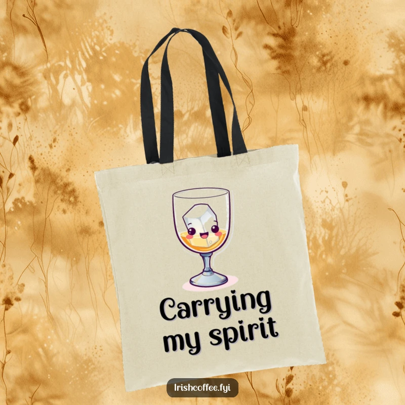 Funny whiskey glass with a mischievous ice cube skiing across a tote bag, highlighting a playful and practical accessory.