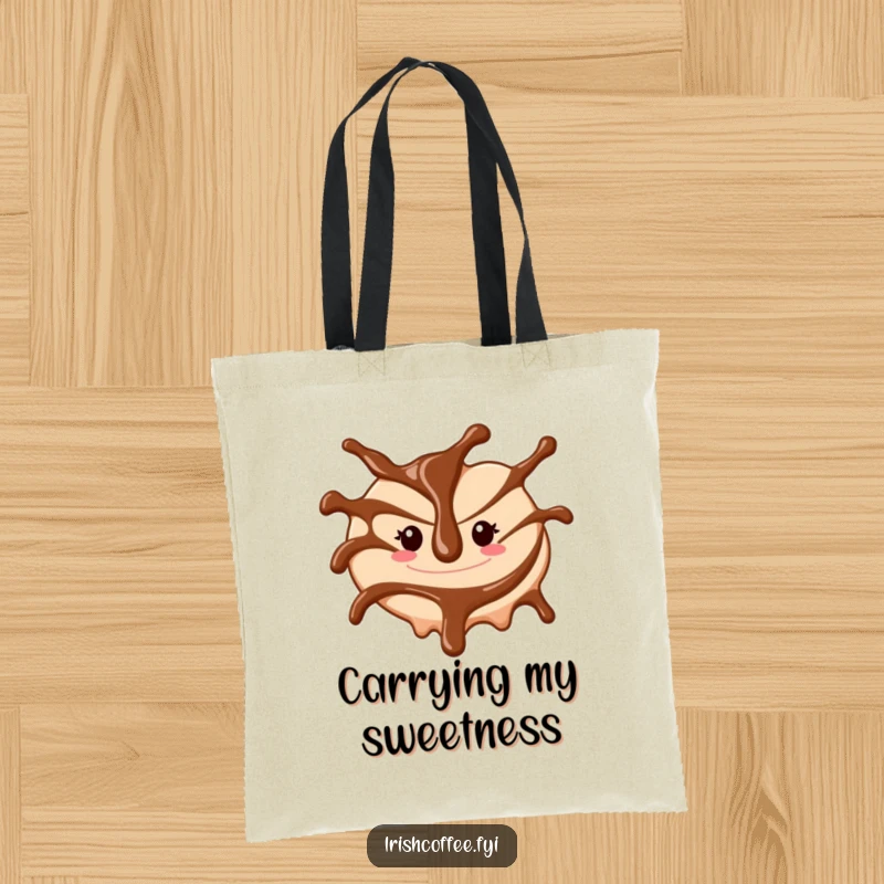 Funny tote bag featuring a cheerful chocolate sauce drizzle swirling, ideal for shopping and sweet smiles.