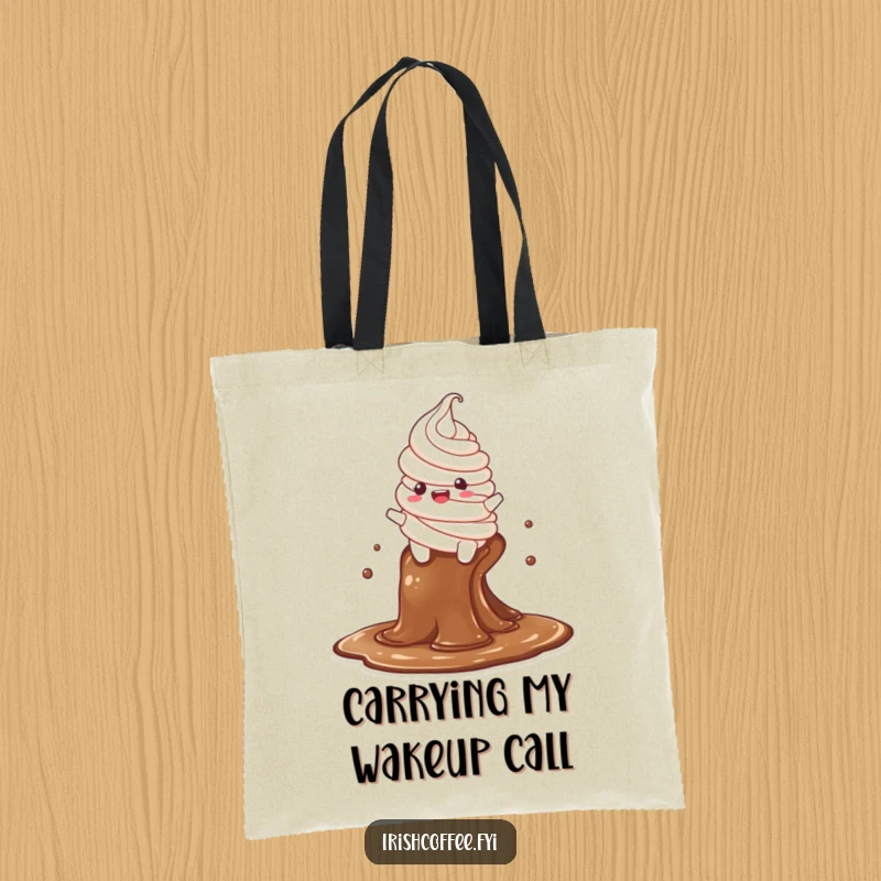 Funny tote bag illustrating a happy whipped cream character gracefully sliding down a coffee stream, perfect for stylish, humorous carrying.