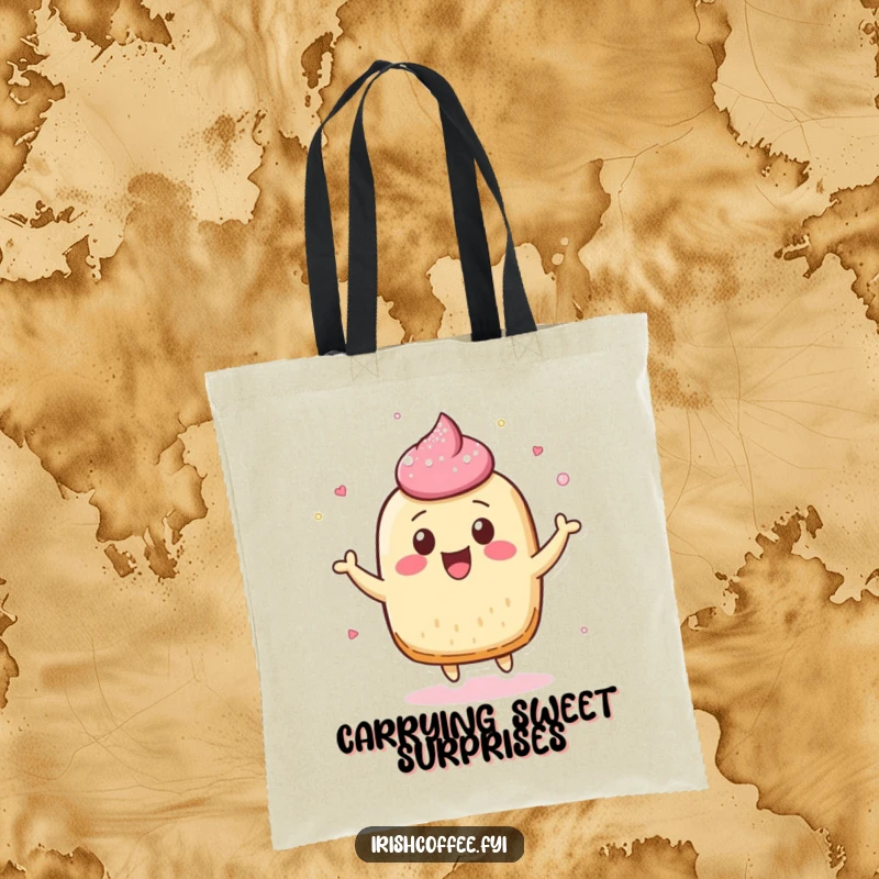 Funny tote bag showcasing a cheerful pastry character bouncing joyfully, with sugar dusting flying around.