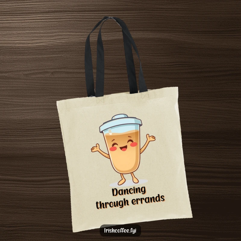 Funny coffee character tote bag smiling and dancing playfully, a humorous and practical accessory for coffee lovers on the move.