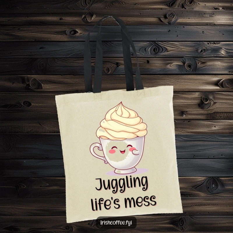 Funny cup character tote bag hilariously balancing a cream swirl, great for carrying items with a humorous and relatable touch.