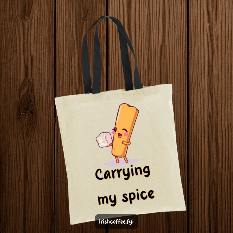 Funny tote bag illustration of a happy cinnamon stick winking while balancing a sugar cube, perfect for carrying essentials with flavor.