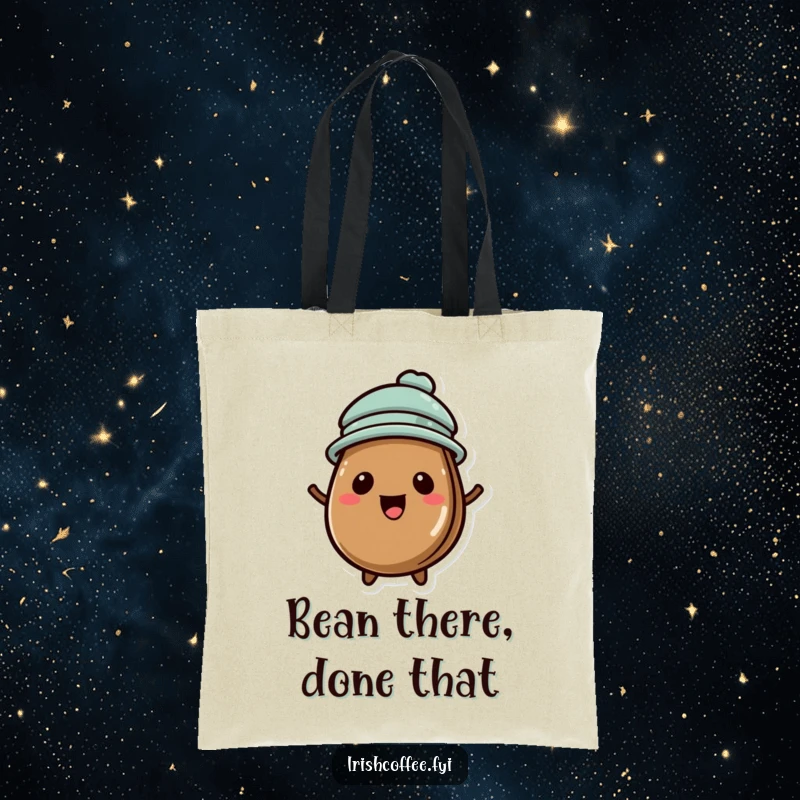Funny tote bag with a happy coffee bean wearing a tiny hat, perfect for carrying your essentials.
