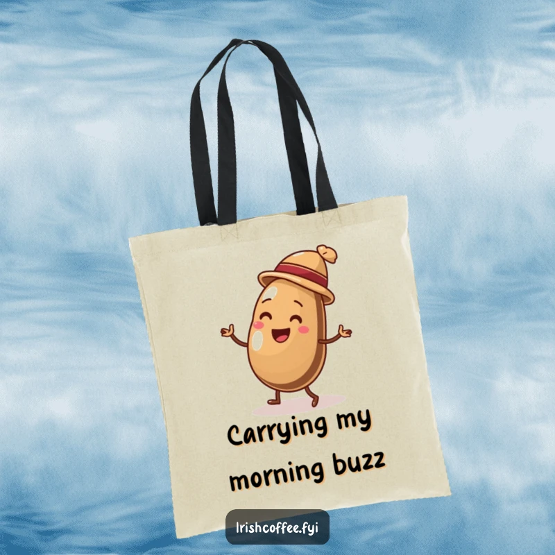 Funny tote bag showcasing a delighted coffee bean wearing a hat, joyfully performing a lively jig, perfect for carrying essentials with humor.