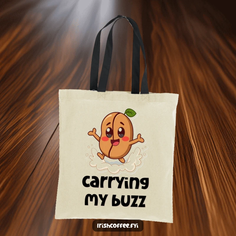 Funny happy coffee bean character with cheerful eyes, joyfully leaping from a frothy wave on a durable tote bag, joyful practical caffeine carryall.