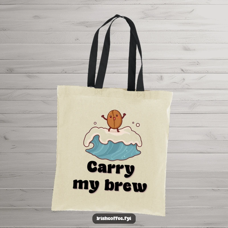 Funny coffee bean tote bag with a dancing bean on a frothy wave, a humorous and practical accessory.
