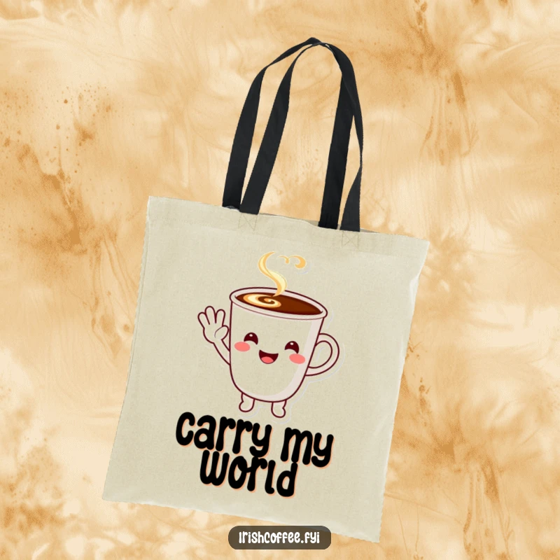 Funny smiling coffee cup character performing a happy wave, durable tote bag for shopping.