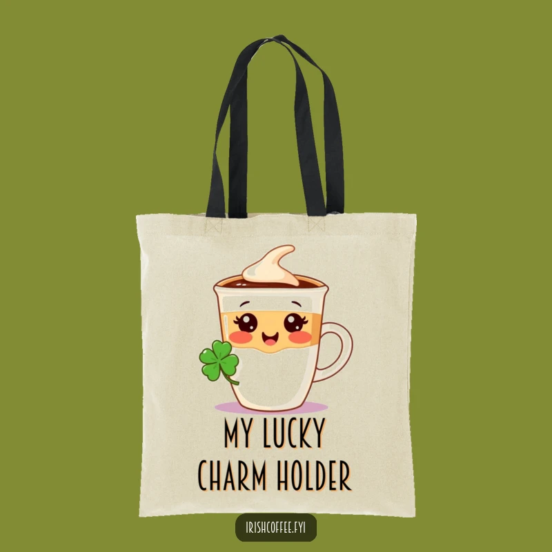 Funny Coffee Cup Tote Bag - Lucky Shamrock Character, Practical Irish Bag