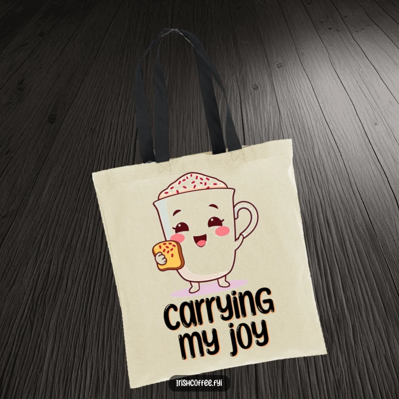 Funny coffee character tote bag cheerfully offering a toast with sprinkles, a humorous and practical accessory for celebrations.