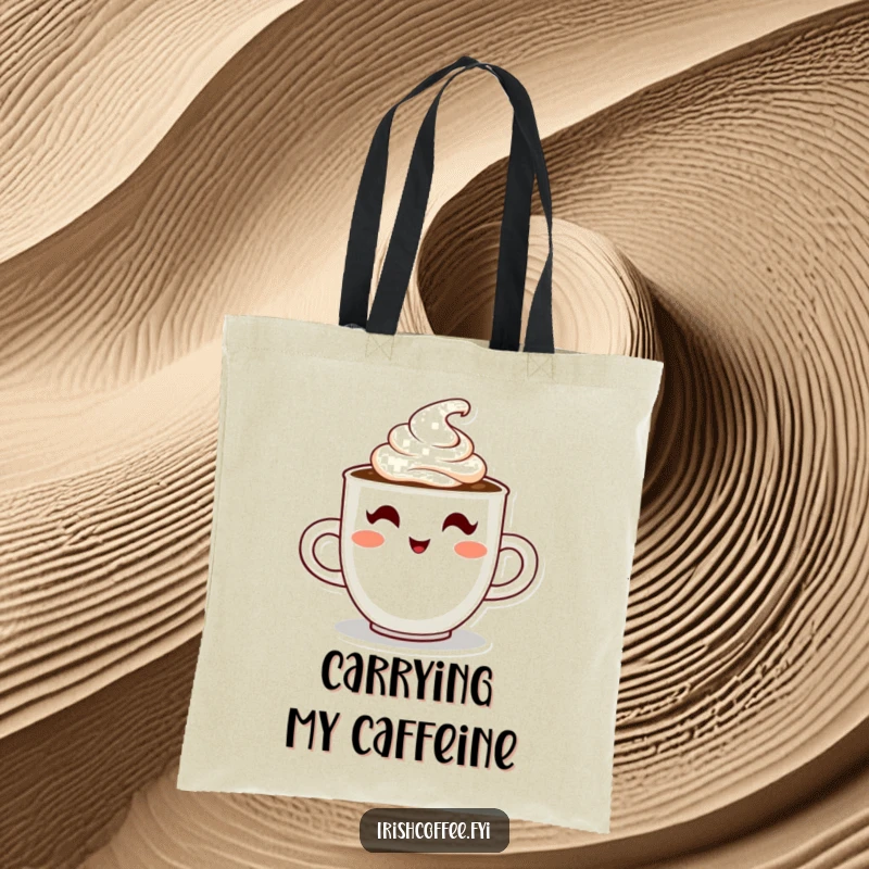 Funny tote bag showcasing a steaming coffee cup character winking with cream, perfect for stylish and humorous coffee runs.