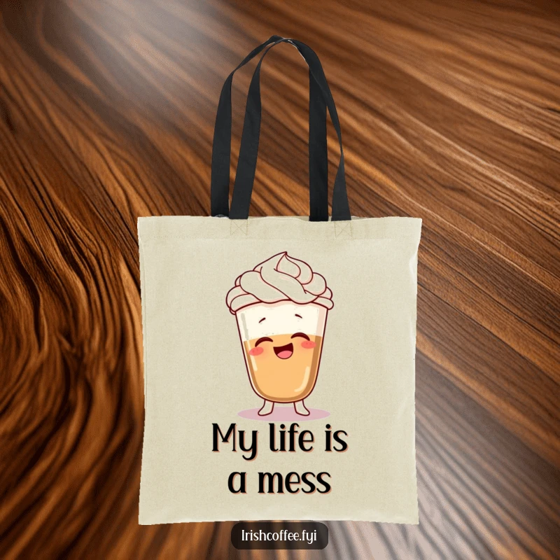Funny tote bag with a giggling coffee character, whipped cream hair, and a silly wobble, perfect for carrying essentials with humor.