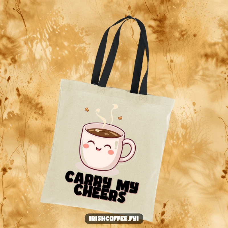 Funny tote bag displaying a happy, giggling coffee mug with a handle being filled, a practical and humorous accessory.