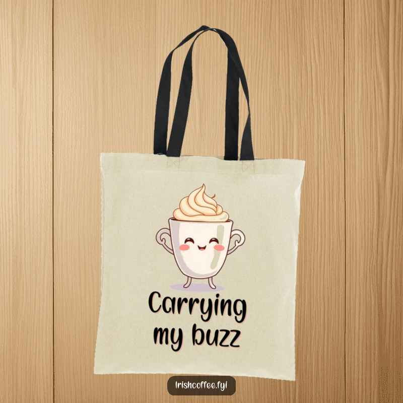 Funny tote bag with a smiling coffee cup character doing a lively jig with cream swirling, perfect for carrying daily essentials.