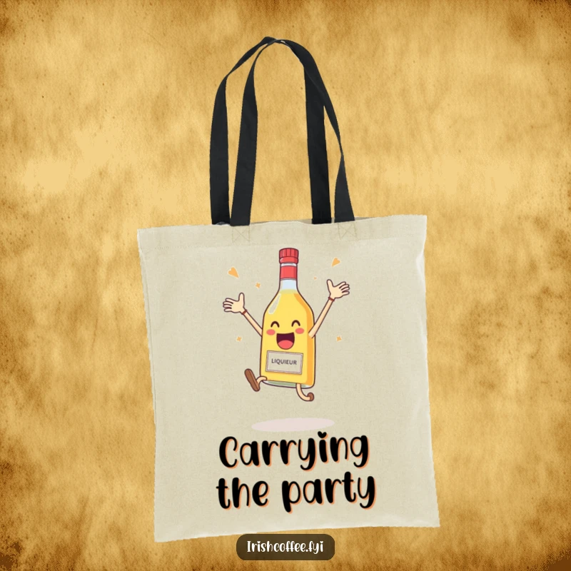 Funny tote bag showcasing a delighted liqueur bottle mid-air, joyfully celebrating, perfect for carrying essentials.