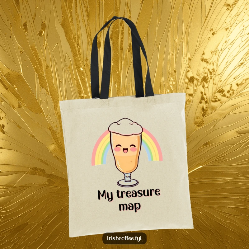 Funny Tote Bag featuring a giggling Irish coffee glass sliding down a rainbow, perfect for carrying essentials with a magical smile.
