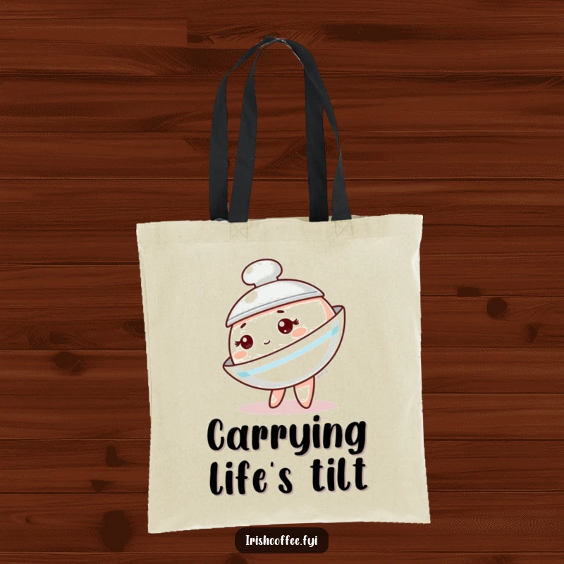 Funny saucer tote bag showing a charming tableware character playfully tipping to the side, perfect for carrying essentials with flair.
