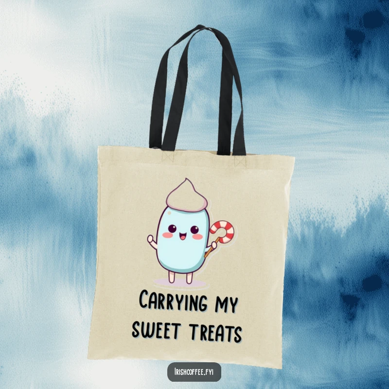 Funny tote bag showcasing a cute stir stick character offering a tiny candy cane, perfect for shopping and everyday use.