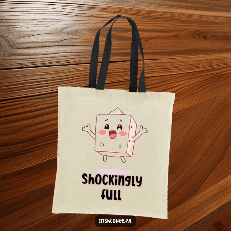 Funny tote bag showcasing a surprised sugar cube character jumping, perfect for carrying essentials with a humorous jolt.