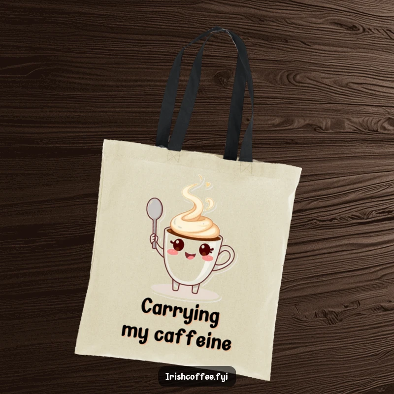Funny tote bag featuring a smiling coffee cup character waving a spoon and steaming, ideal humorous accessory.